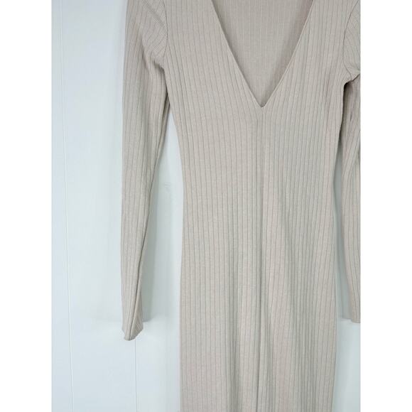Zara Ribbed Bodycon Midi Dress Medium Cream Split Front Long Sleeve - Picture 4 of 10